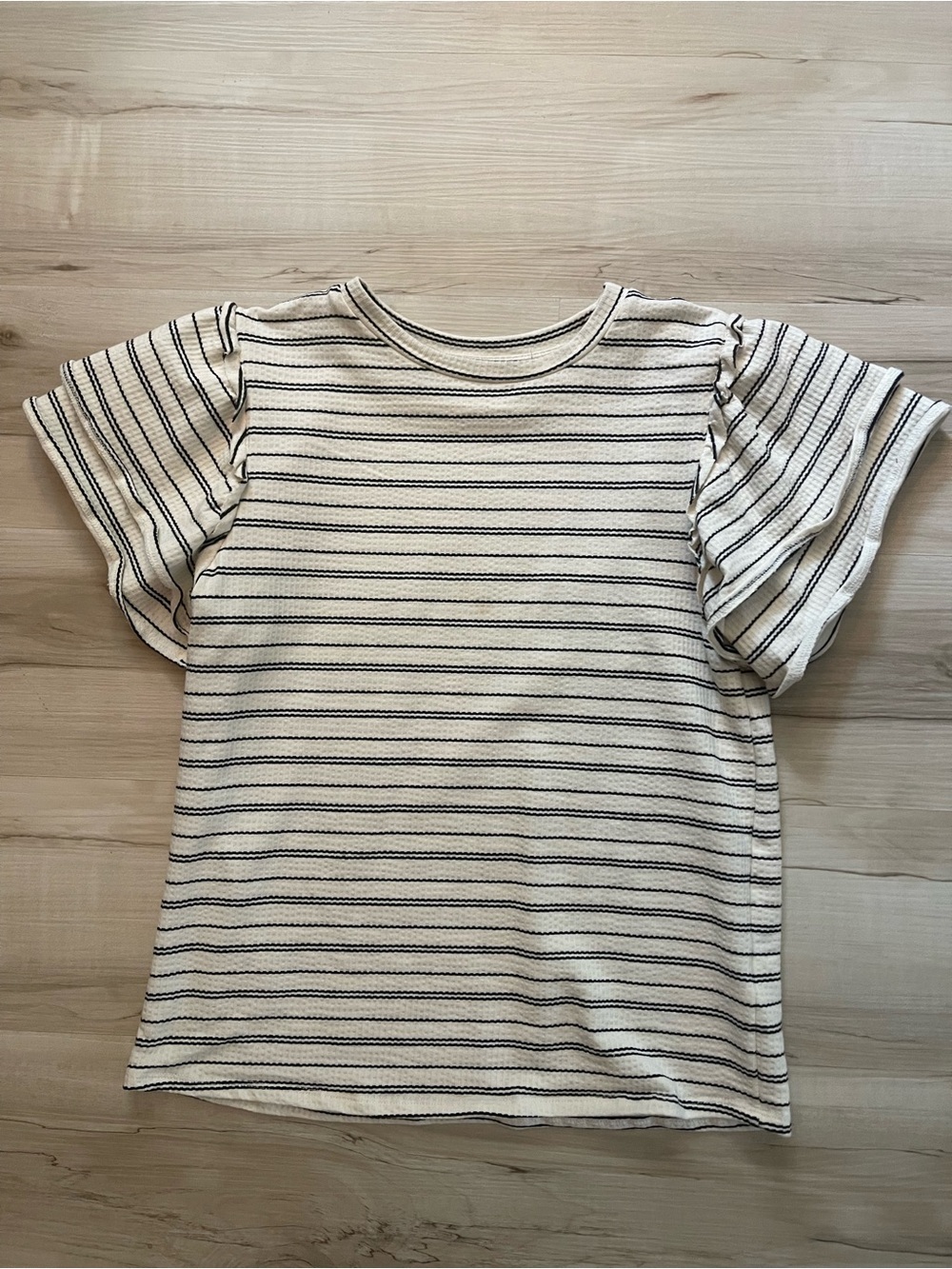 Cream & Black Striped Ruffle Sleeve Top